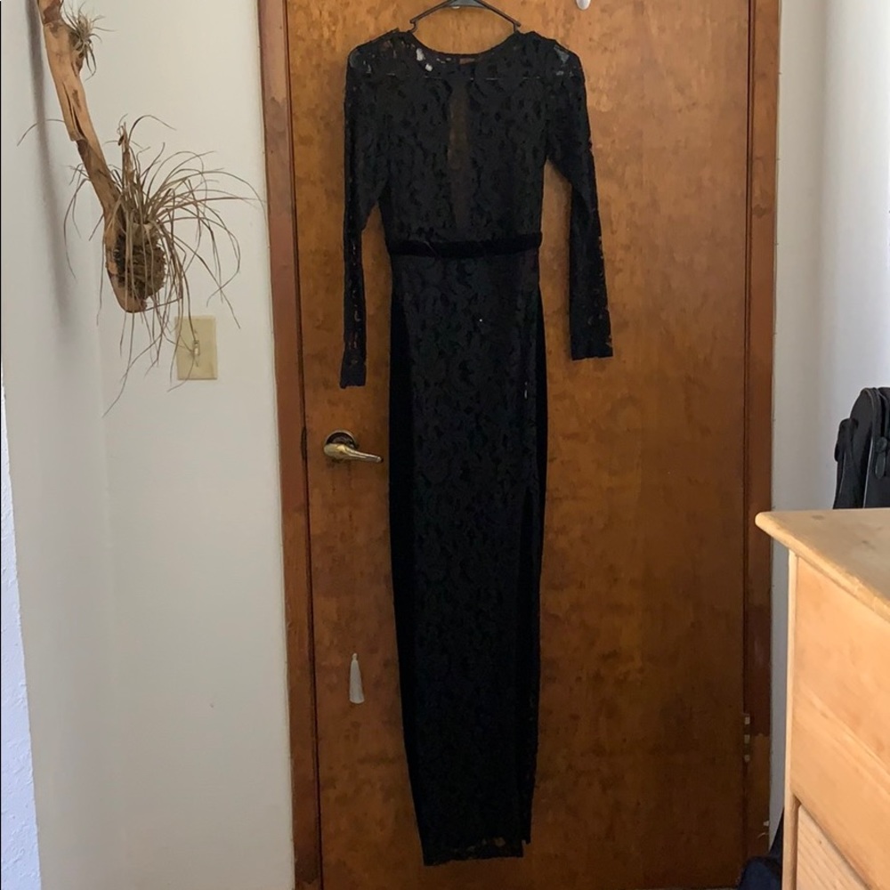 Assali Black Lace and Velvet Vintage Maxi Dress